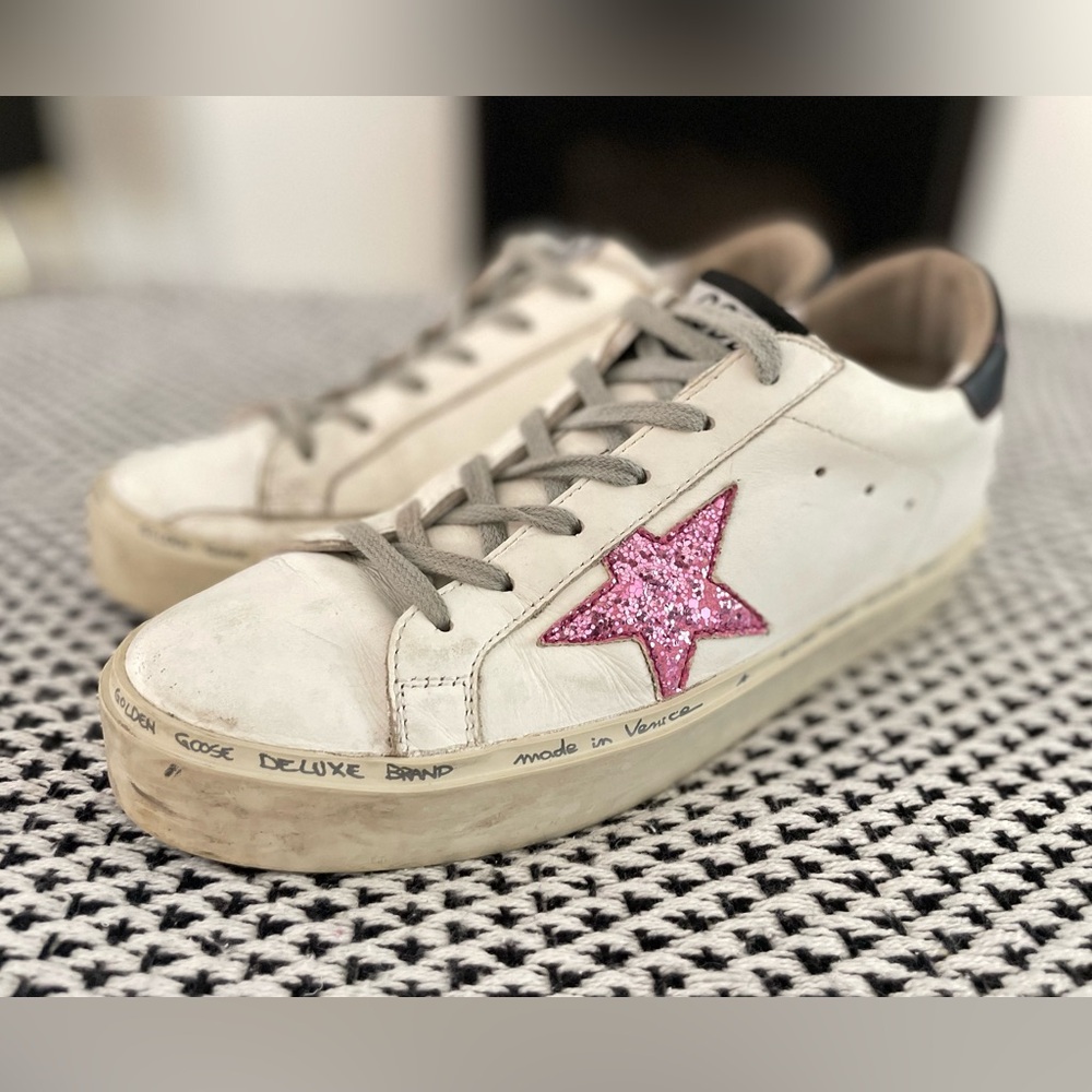 Golden Goose Hi Star Platform Sneakers White Leather Pink Glitter 39 size 8.5 - Picture 2 of 11